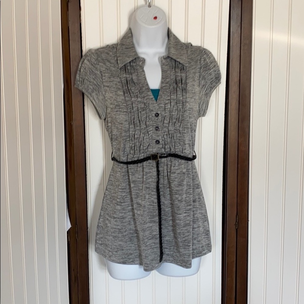 Gray marled belted short sleeve peplum blouse top